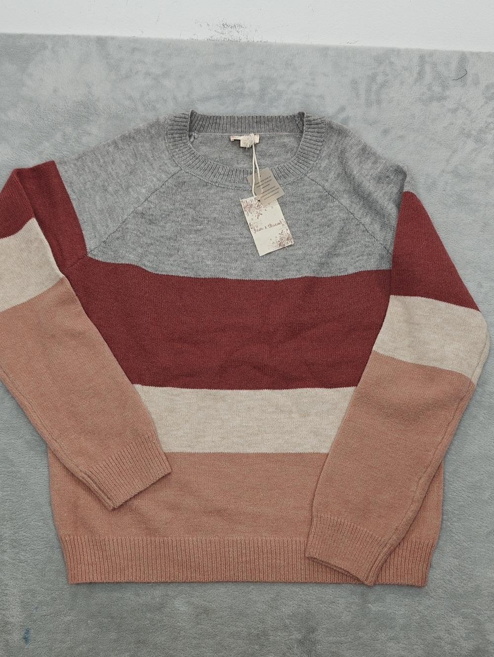 Hem & Thread Striped Crewneck Sweater in Gray, Rust, Beige, and Tan